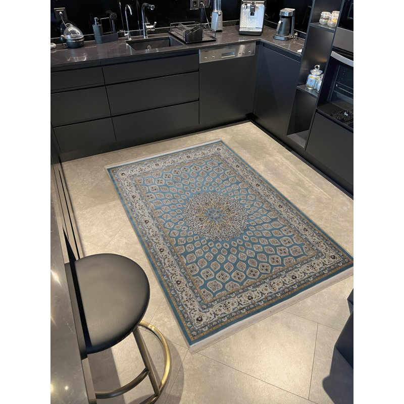 Tapis décoratif rétro à motif floral bleu et gris, Rectangle 3 pi 9,81 po x 4 pi 11,06 po