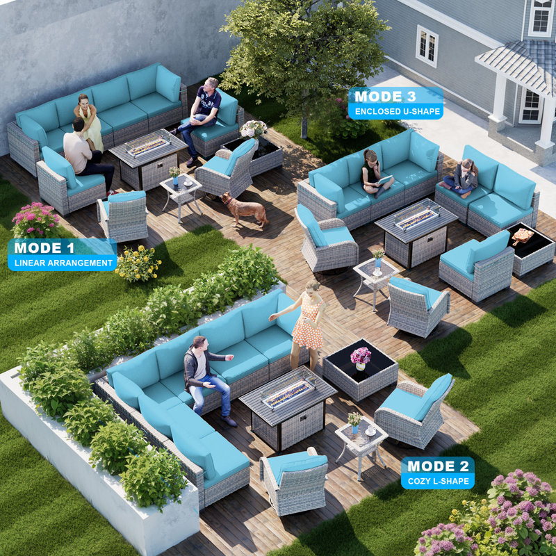 11-Piece Patio Furniture Set, Outdoor Patio Furniture with 55,000 BTU Fire Pit Table, Swivel Chairs Set, Thick Cushions, Modular Patio Sofa, Dual-Strand Wicker Rattan, Rust-Resistant Frame