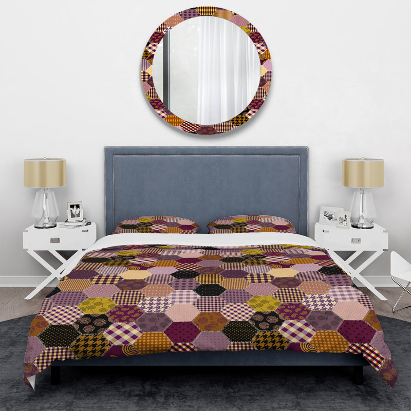 Ensemble de housse de couette en microfibre brun / mauve / jaune, Housse de couette pour très grand lit et 2 très