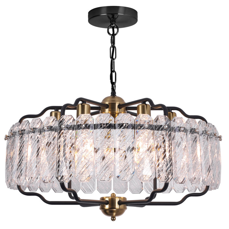 Lustre noir et doré de 24 po - bordure extérieure en cristal texturé, nouveau motif! 6 lumières réglables pour plafonds inclinés
