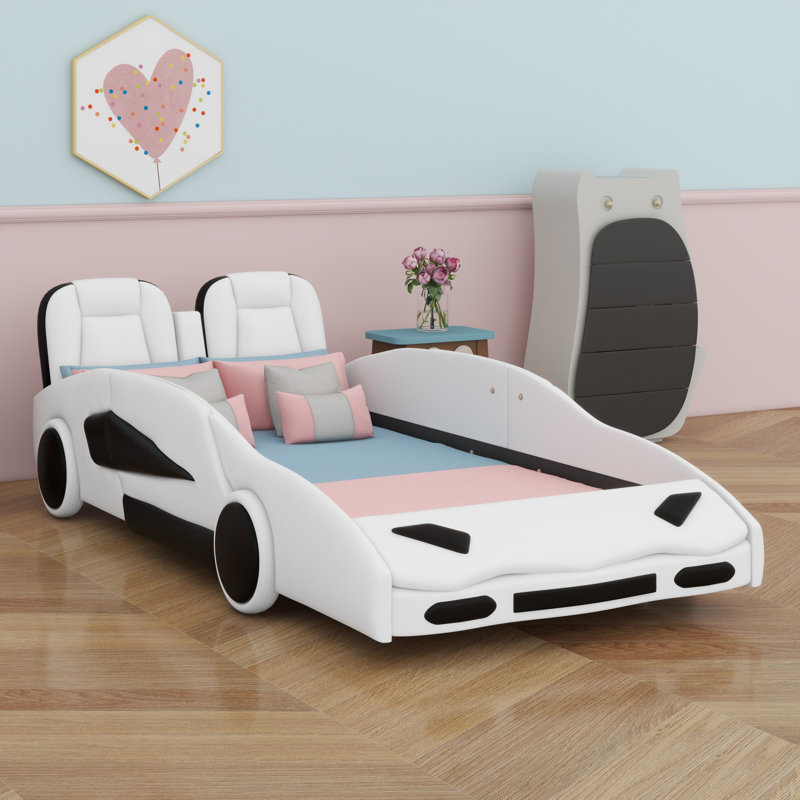 Race Car-Shaped Platform Bed With Wheels, White