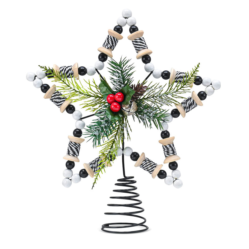 Décoration pour sommet de sapin étoile en rotin avec gui de houx et décorations de baies