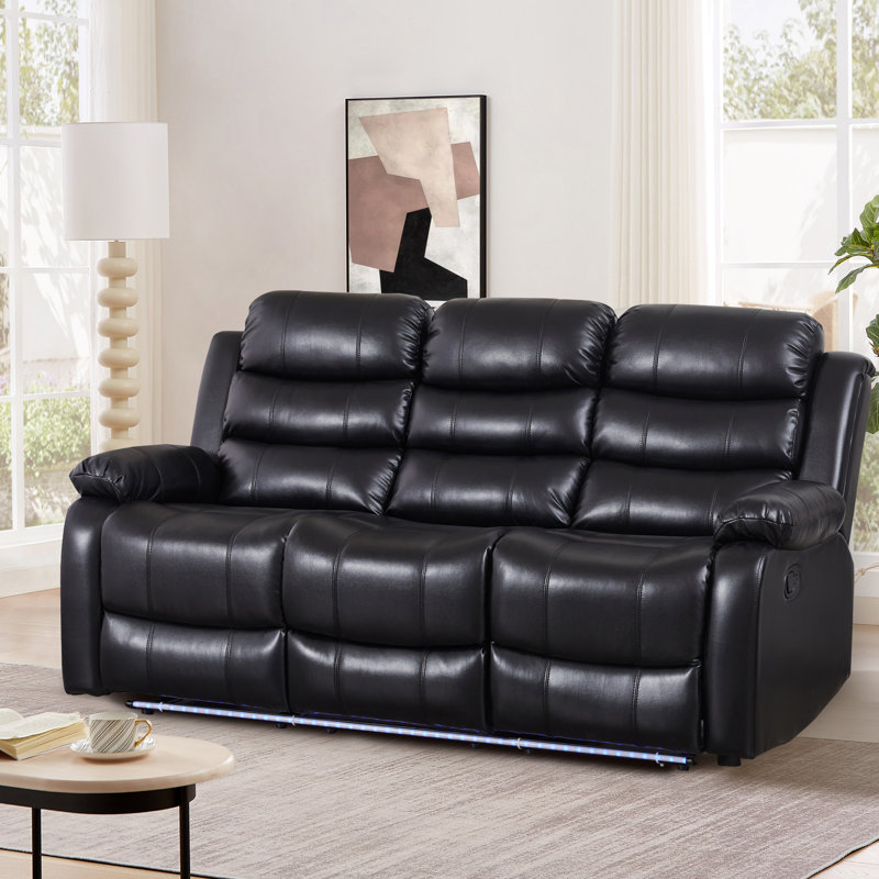 77.17'' Faux Leather Manual Reclining Sofa With LED Lighting & Cup Holders, Black