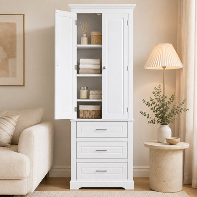 Armoire de rangement autoportante pour salle de bain avec tiroirs, tablettes réglables et poignées en métal