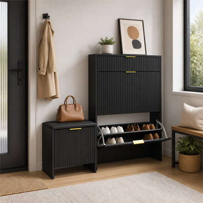 Fluted Shoe Cabinet Set, Flip Storage and Padded Entryway Bench