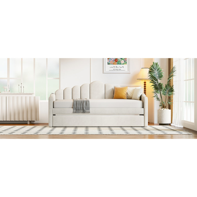 Lit de jour simple en velours rembourré avec couchette, ports de chargement USB, aucun sommier nécessaire, beige
