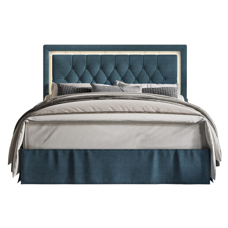 Très grand lit plateforme tapissier Epworth, Simple, Bleu denim