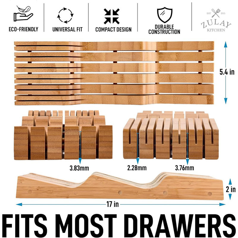 Zulay Kitchen Zulay Kitchen Bamboo Knife Drawer Organizer Edge-Protecting Knife Organizer Block Holds 11 Knives