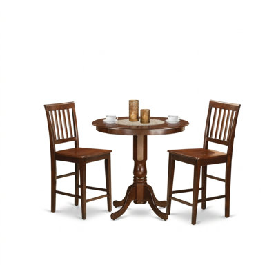 Ensemble de salle à manger rond 3 pièces en lin brun et bois blanc, de style asiatique, hauteur du comptoir