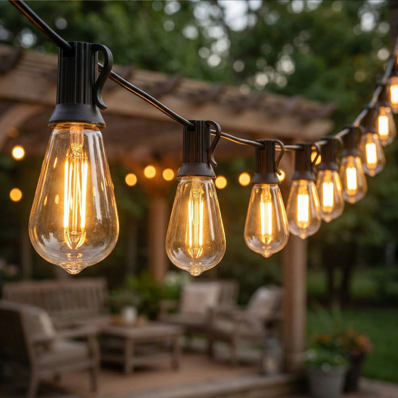 Guirlandes solaires imperméables de 60 pi avec 16 ampoules à DEL incassables St38, lumières de patio à énergie solaire avec télécommande et port USB, lumières suspendues à intensité variable de 2700 K pour le balcon de la terrasse de la cour arrière