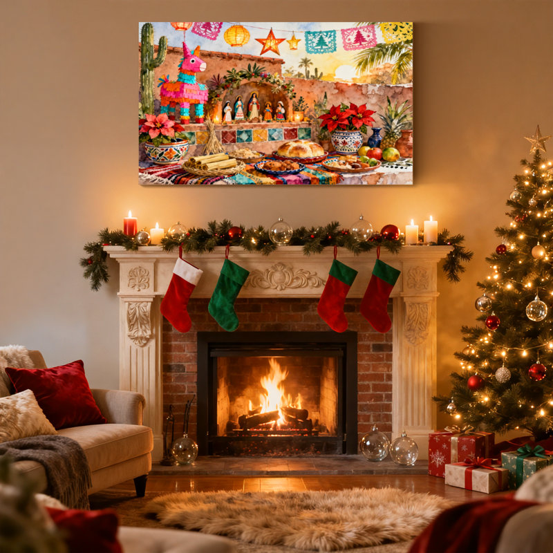 Ensemble de 3 impressions sur toile de Noël, scène de fête mexicaine colorée avec piata et nourriture, H 20 po x l 30 po