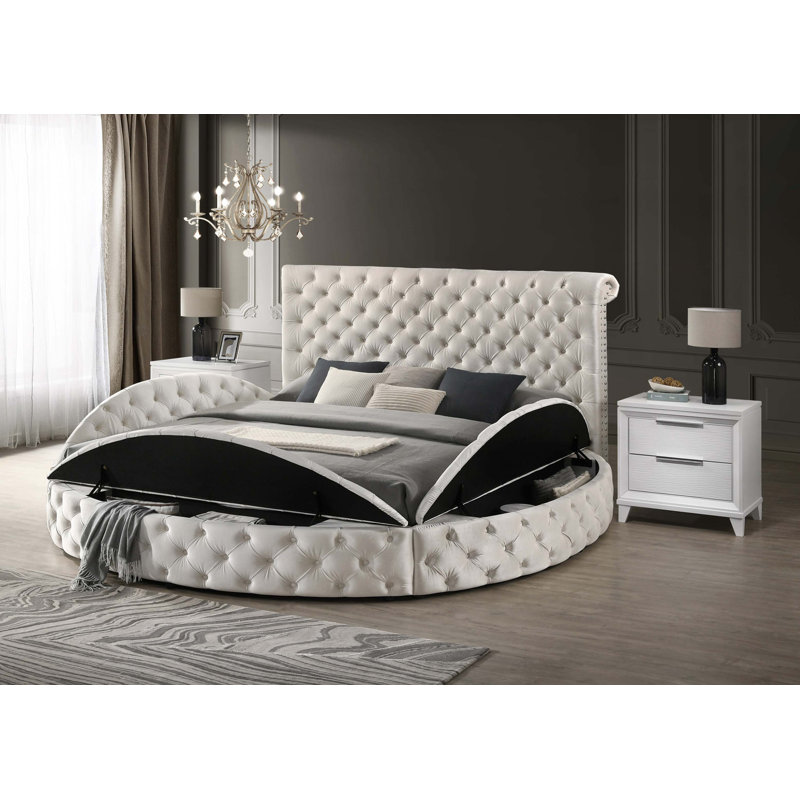 1Pc Unique Round Plush Velvet Button-Tufted Detailing Storage Bed, Queen, Ivory