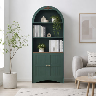 Armoire de rangement arquée avec applique décorative, surface en panneau de fibres à densité moyenne anti-rayures, tablettes réglables et sangle anti-basculement pour la salle à manger et le salon