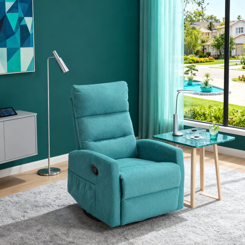 Manual Recliner Chair With Rocker And Swivel In Fabric For Living Room, Blue