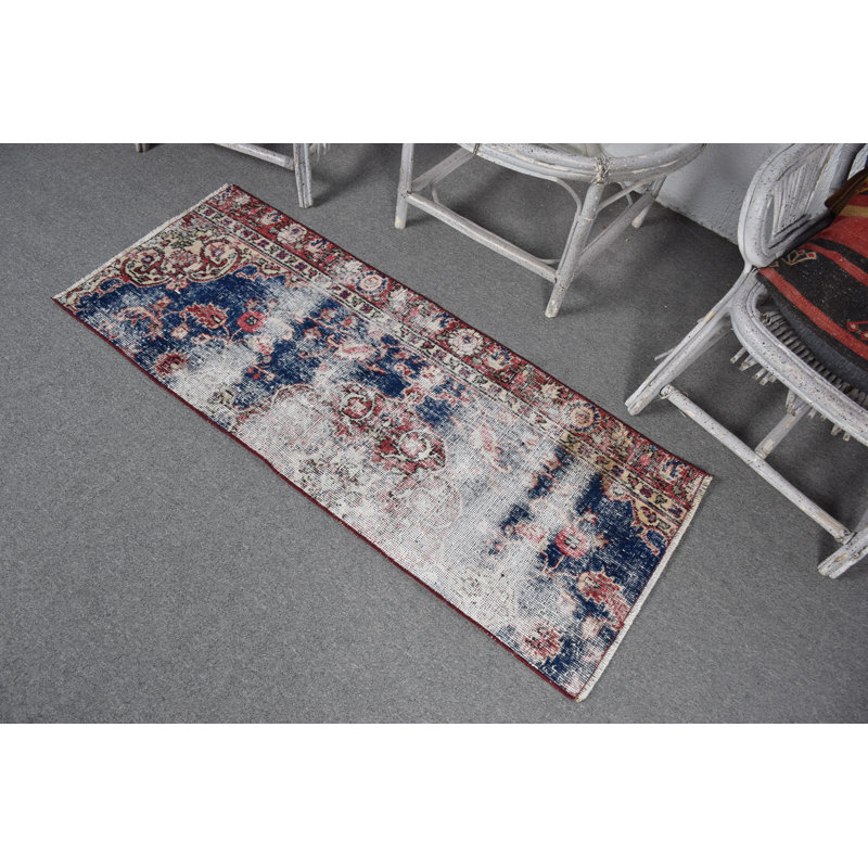 Small Navy Wool Turkish Anatolian Rug Perfect for Kitchen - Vintage and Faded Design 10109