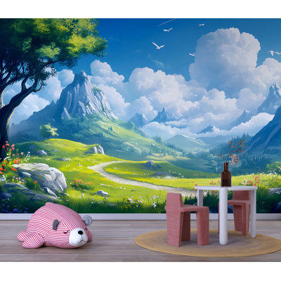 Whimsical Mountain Landscape Wall Mural For Kids Room – Scenic Nature Wallpaper With Clouds, Path, And Forest | Playroom Decor