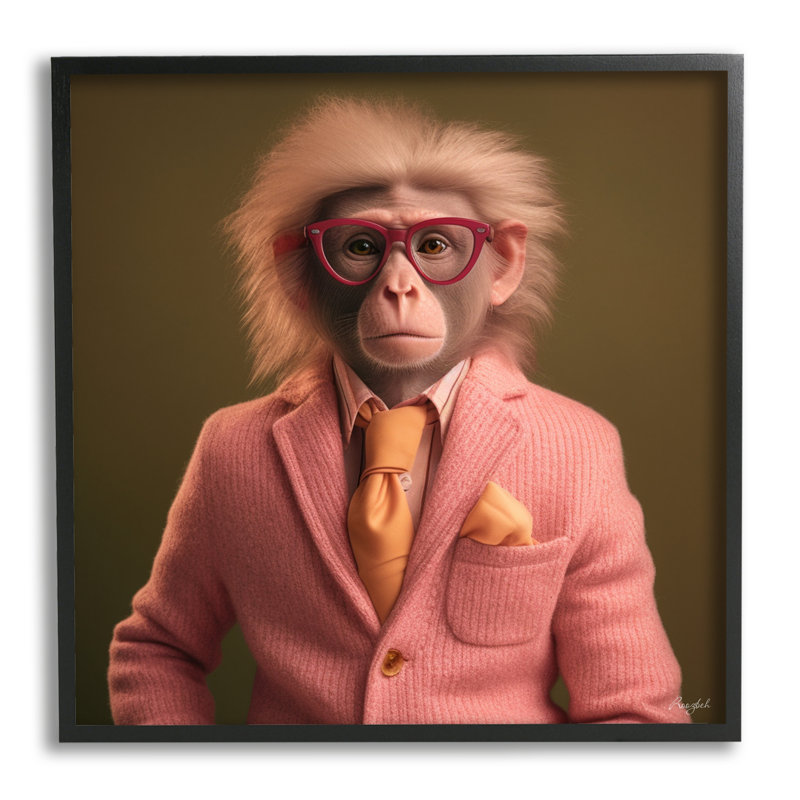 Az-149-Portrait de singe élégant encadré sur bois, H 24 po x l 24 po x P 1,5 po, Giclée encadrée noir minuit