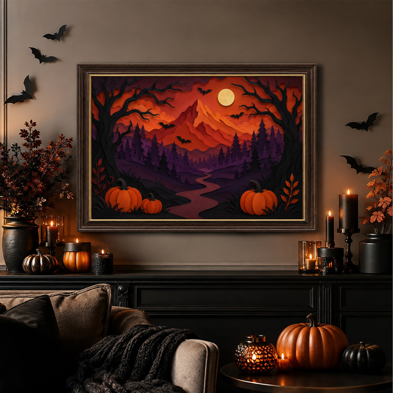 Citrouilles en papier superposées et forêt avec montagnes - Toile murale d'Halloween, 12"H x 18"W