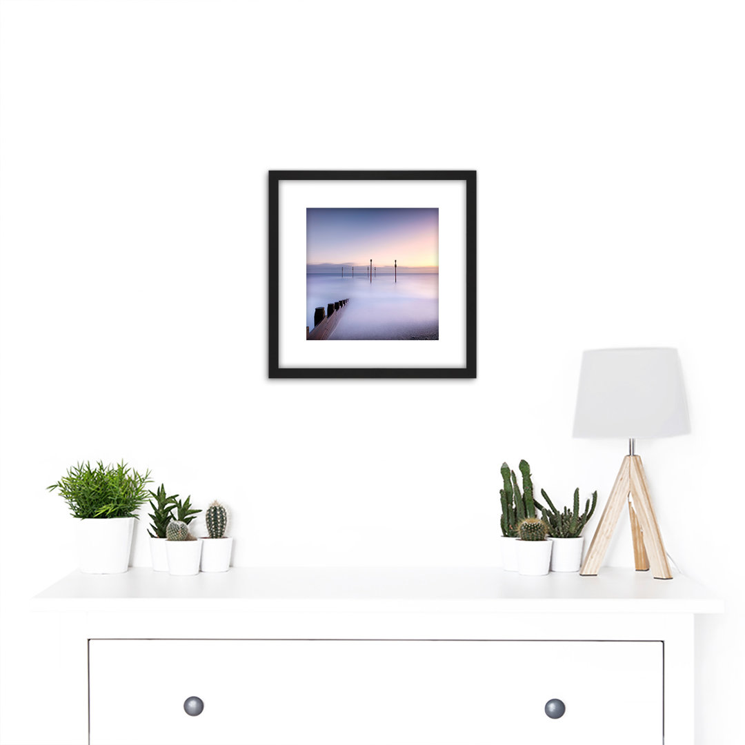 Warby Posts In Sea Brighton Misty Photo 9X9 Inch Square Wooden Framed Wall Art Print Picture With Mount