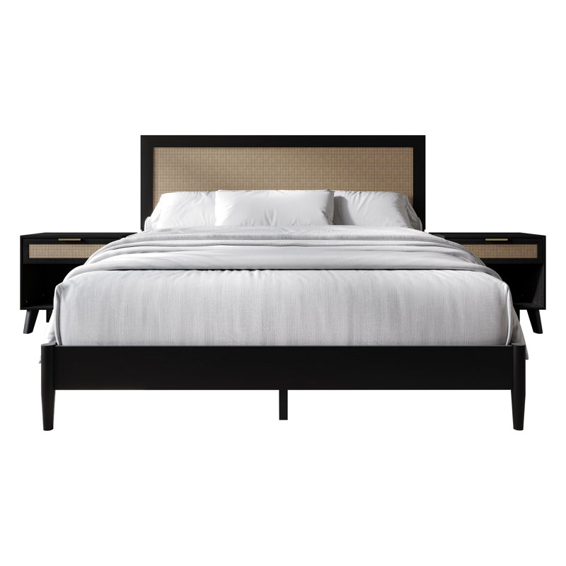 Lit plateforme en bois pleine grandeur avec 2 tables de chevet en noir, Lit double, Black
