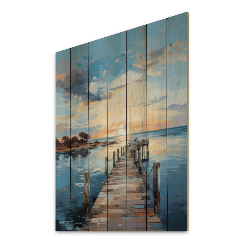 Jetée et quai nautique I - Impression nautique et de plage sur bois de pin naturel, H 40 po x l 30 po x P 0,78 po