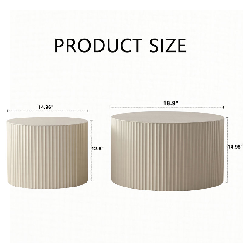 Beige Nesting Coffee Table Set of 2 Modern Drum Side Table End Table Wave Stripe Round Coffee Table for Living Room