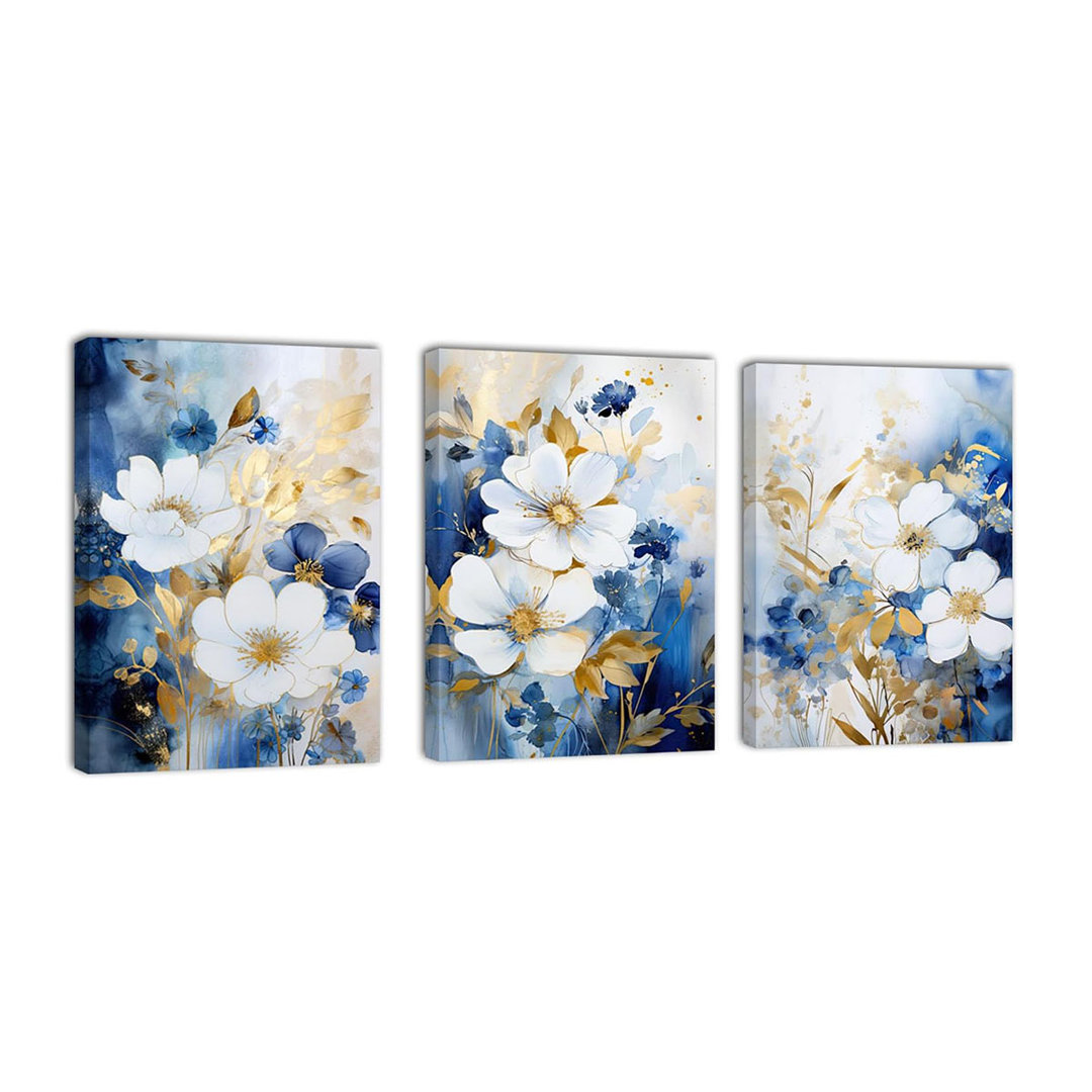 Flower Wall Art 3 Pieces Living Room Decor White Floral Picture Blue And Gold Painting Modern Canvas Prints Bathroom Home Office Decor Framed - 12"X16
