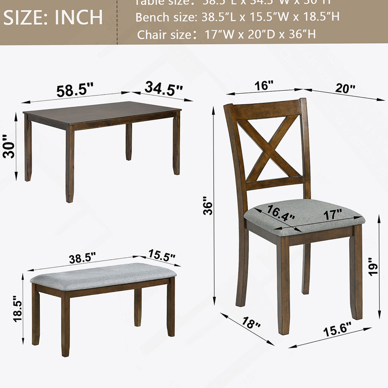 Ensemble de salle à manger de cuisine 6 pièces, table de salle à manger rectangulaire en bois avec 4 chaises rembourrées et un banc, ensemble de table de salle à manger pour 6 personnes, salon, bar et cuisine, noyer