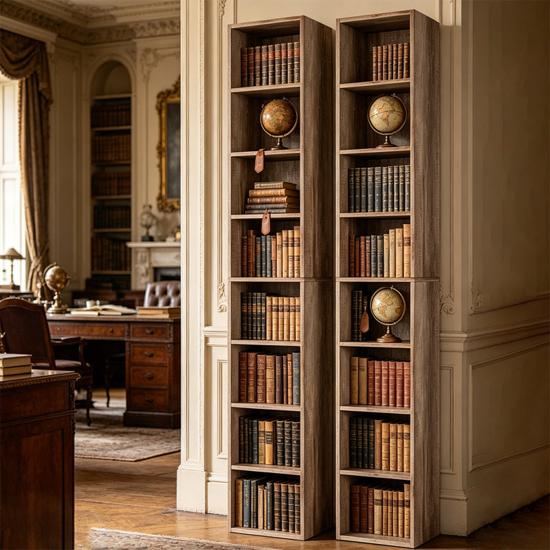 2 tablettes de 71 po de hauteur, bibliothèque étroite à 8 niveaux avec tablettes réglables, Chêne
