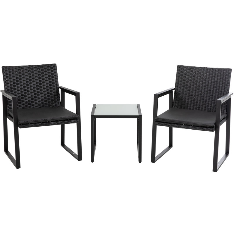 3-Piece Outdoor Patio Wicker Bistro Set with Glass Coffee Table and Cushioned Armchairs, Black