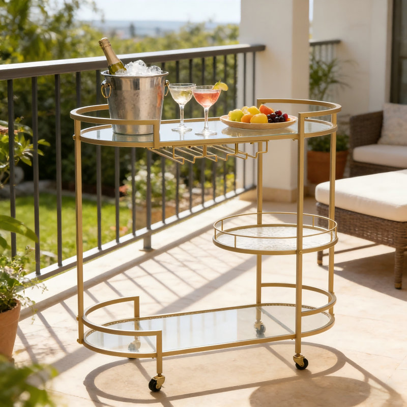 Mirror Shelf Metal Bar Cart, Gold