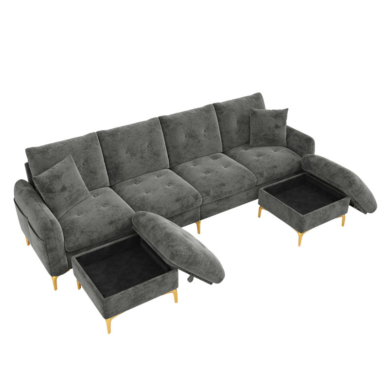 Sofa 4‑Seater with 2 Storage Ottomans, Gray
