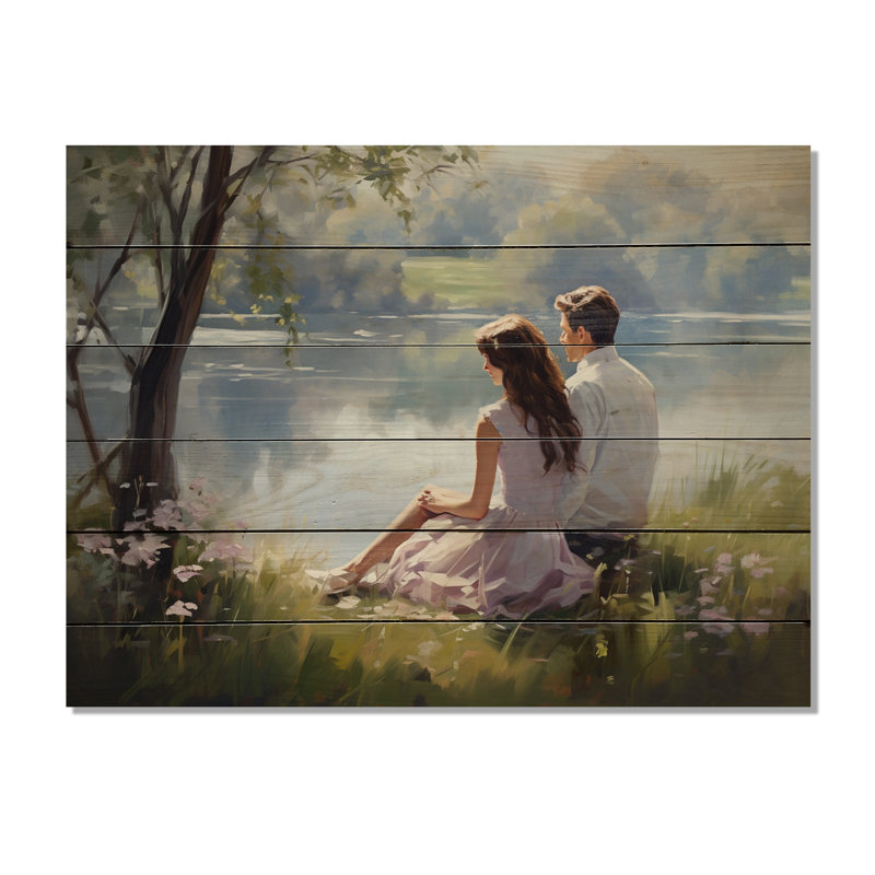 Anderegg, Couple romantique, paysage sérénité I sur bois, H 10 po x l 20 po x P 0,78 po