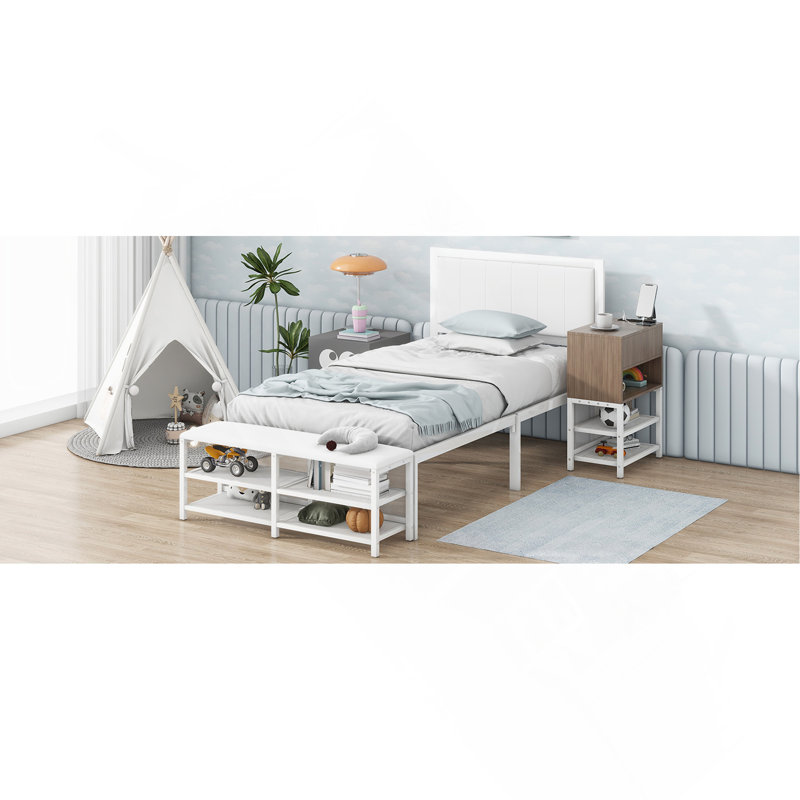 Lit plateforme en métal avec tablettes de rangement à deux niveaux, armoire de rangement en bois, White, Twin