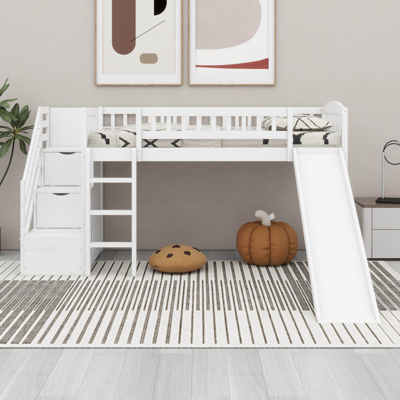 Space Efficient Pine Wood Frame Stairway Loft Bed With  Slide, Guardrails,Convertible Ladder, White