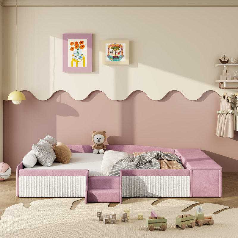 Lit de jour rembourré avec velours Eluned, Lit double, Rose/Blanc