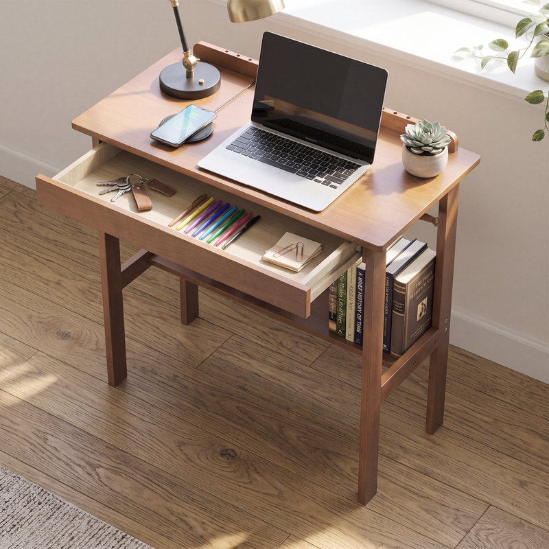 Petit bureau 100 % bois massif avec grand tiroir et tablette de rangement