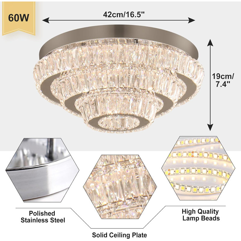 Lustre encastré moderne en cristal DEL, plafonnier rond à intensité variable de 16,5 po pour le salon et la salle à manger