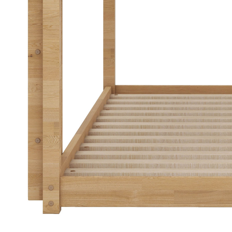 Twin Over Twin Solid Rubber Wood Floor Bunk Bed – Ladder & Strengthened Slat Upper/Bottom Platforms, Natural