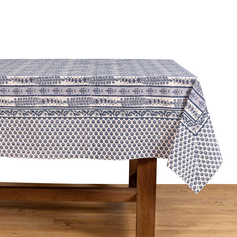 Avignon Handmade Floral Tablecloth, 128" x 71", Dijon/Blue