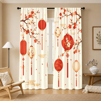 2Pcs Chinese Lantern and Cherry Blossom Print Curtains, light filtering fabric, festive vibrant design, privacy protection, rod-pocket, suitable for living room, bedroom, balcony, kitchen home decor