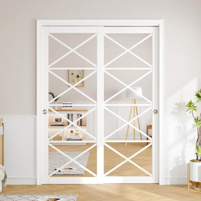 Farmhouse Sliding Closet Door with Tempered Mirror Glass, X-Frame Design & Smooth Glide Hardware