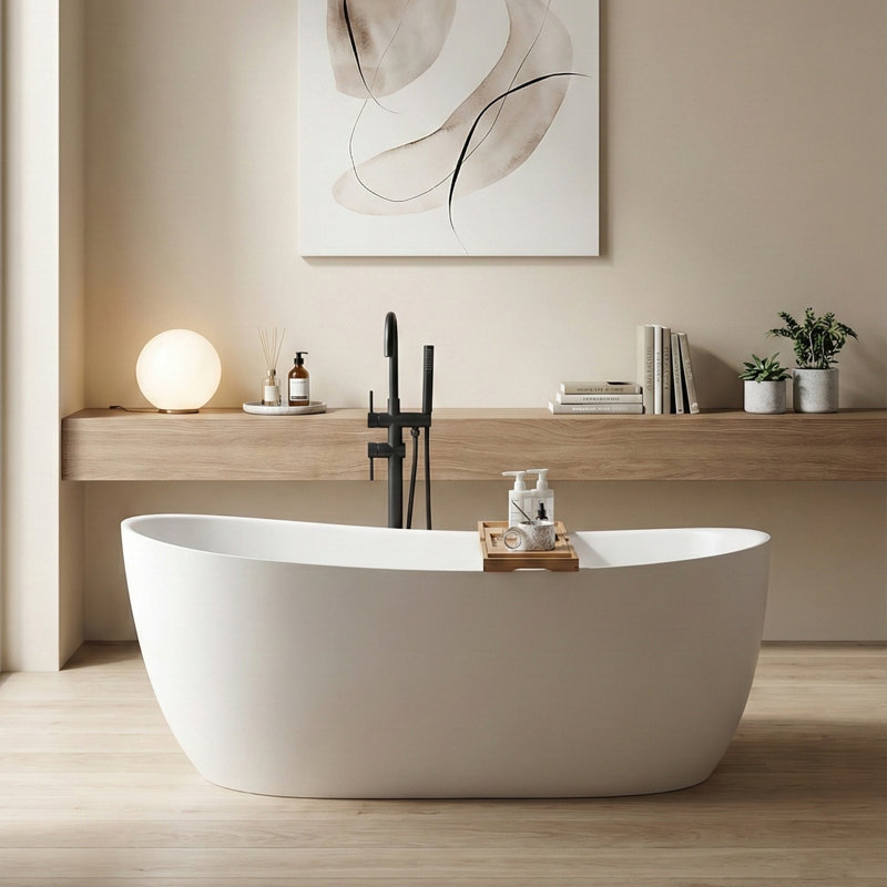 63" Solid Surface Freestanding Soaking Bathtub, Matte White Stone Resin With Overflow And Pop Up Drain