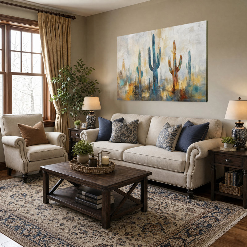 Reproduction d'art mural sur toile, abstrait Saguaro cactus, couteau à palette épaisse, désert, ton neutre, décoration murale de salon
