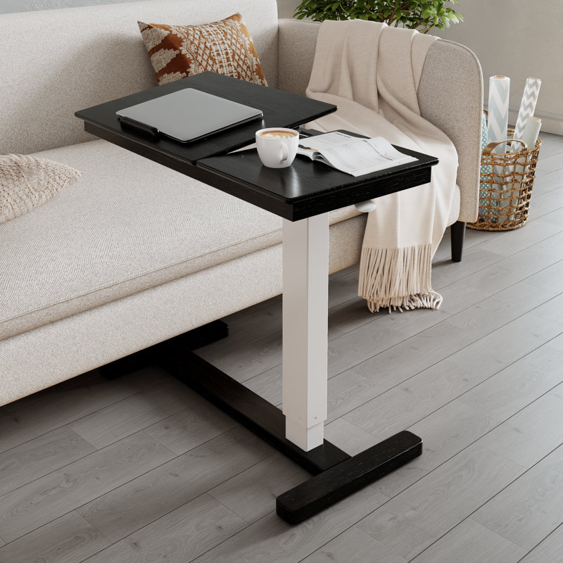 Solid Wood Adjustable Side Table with Tilting Top & Hidden Casters - Multi-Function Laptop Desk for Bed & Sofa, Black