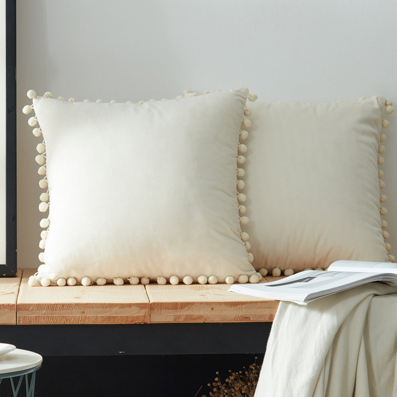 Pom Pom Velvet Tassels Pillow Cover, Cream, 20"x20"
