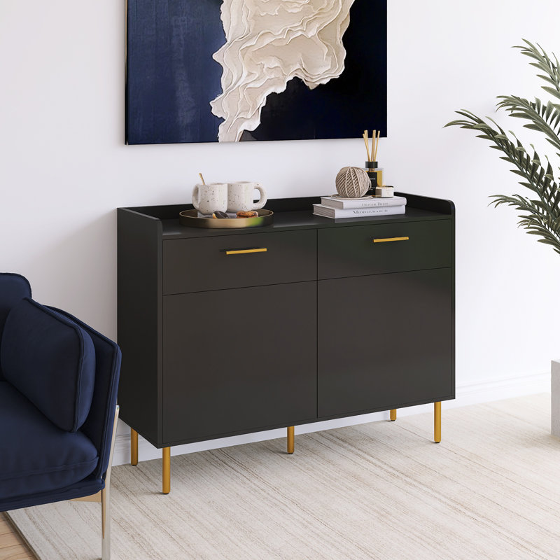 Armoire de rangement 36 pouces en bois massif à 2 portes avec tiroirs, Noir