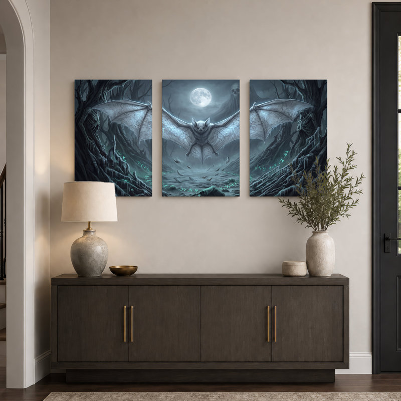 Chauve-souris volante sous la pleine lune, ensemble de 3 toiles murales pour l'Halloween, H 30 po x l 20 po x 3 pièces