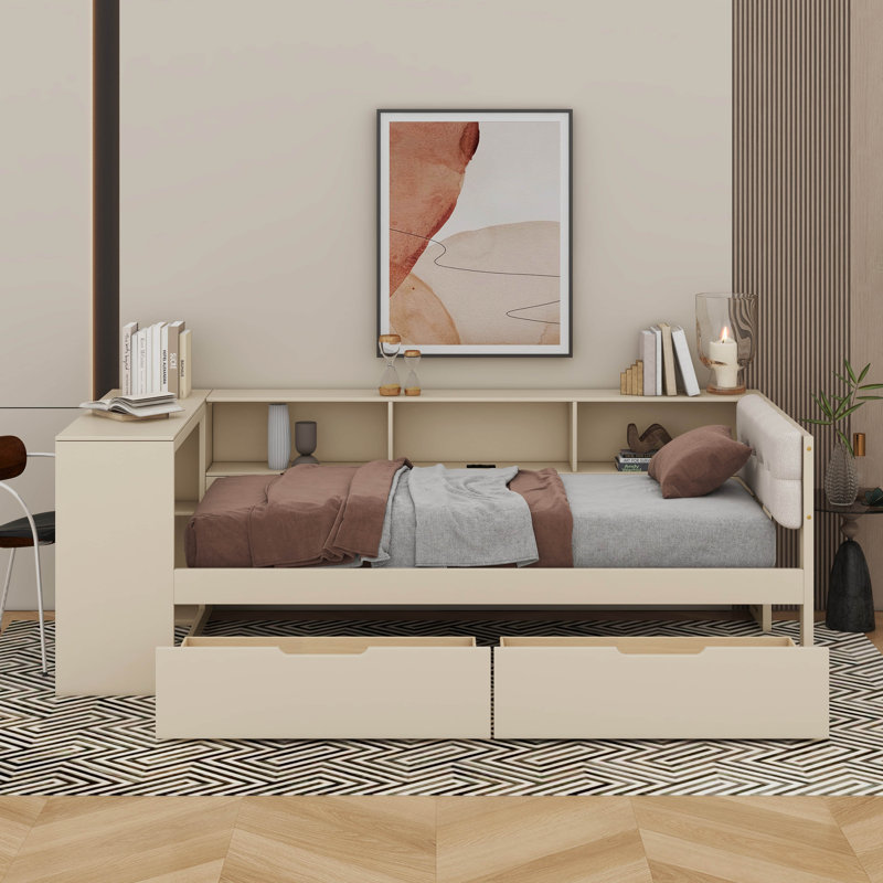 Platform Bed With Shelves, Drawers, Charging Station And Upholstered Headboard, Twin, Cream