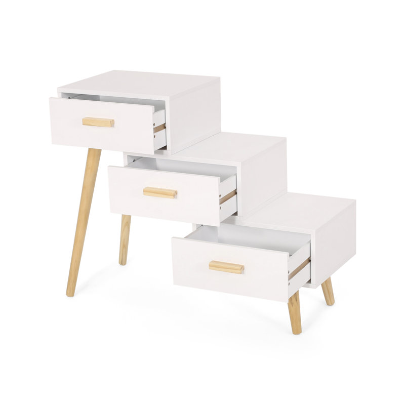  Table d'appoint moderne à 3 tiroirs de style escalier avec compartiments de rangement et pieds en bois, blanc